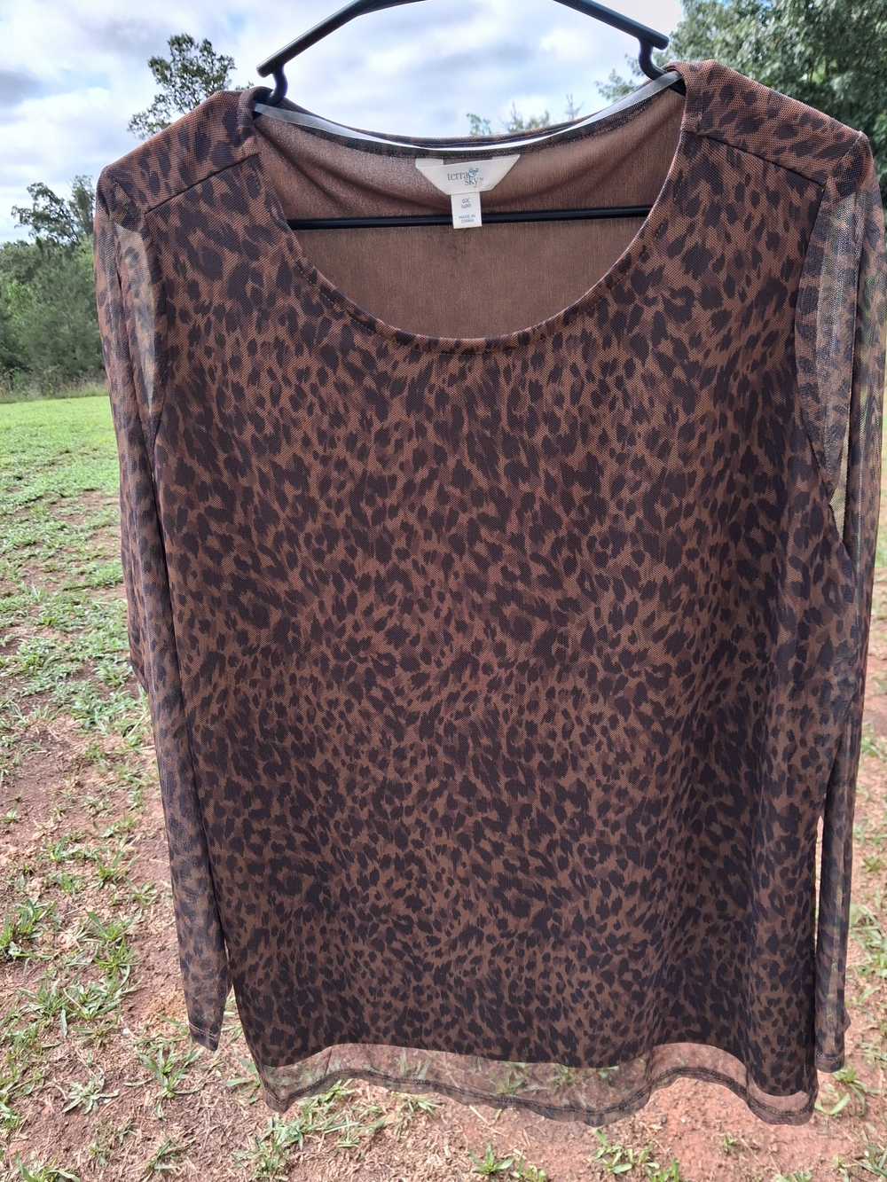 Terra & Sky Animal Print Brown and Black Sheer Long Sleeve Top Size 0X NWT